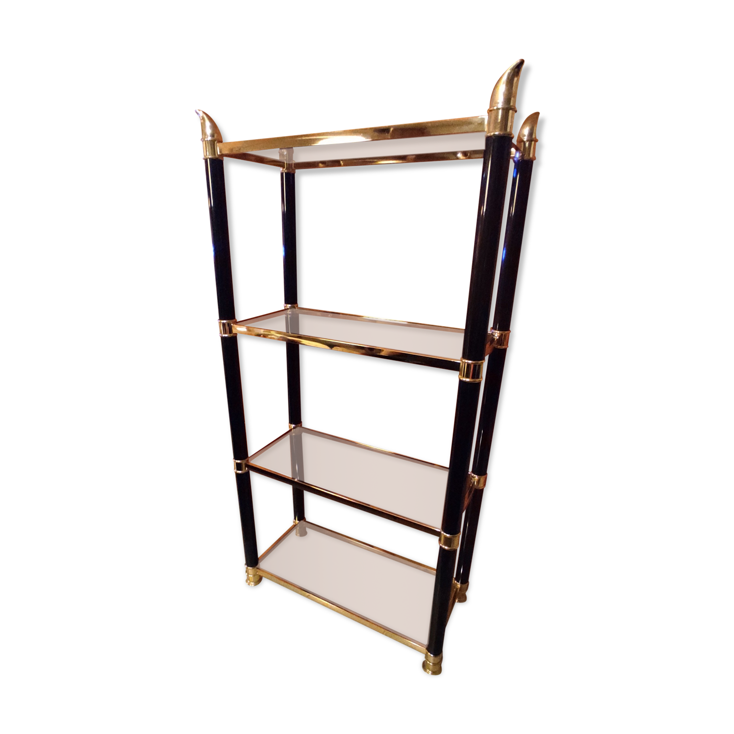 Shelf, Chinese, black and gold metal, smoked glass