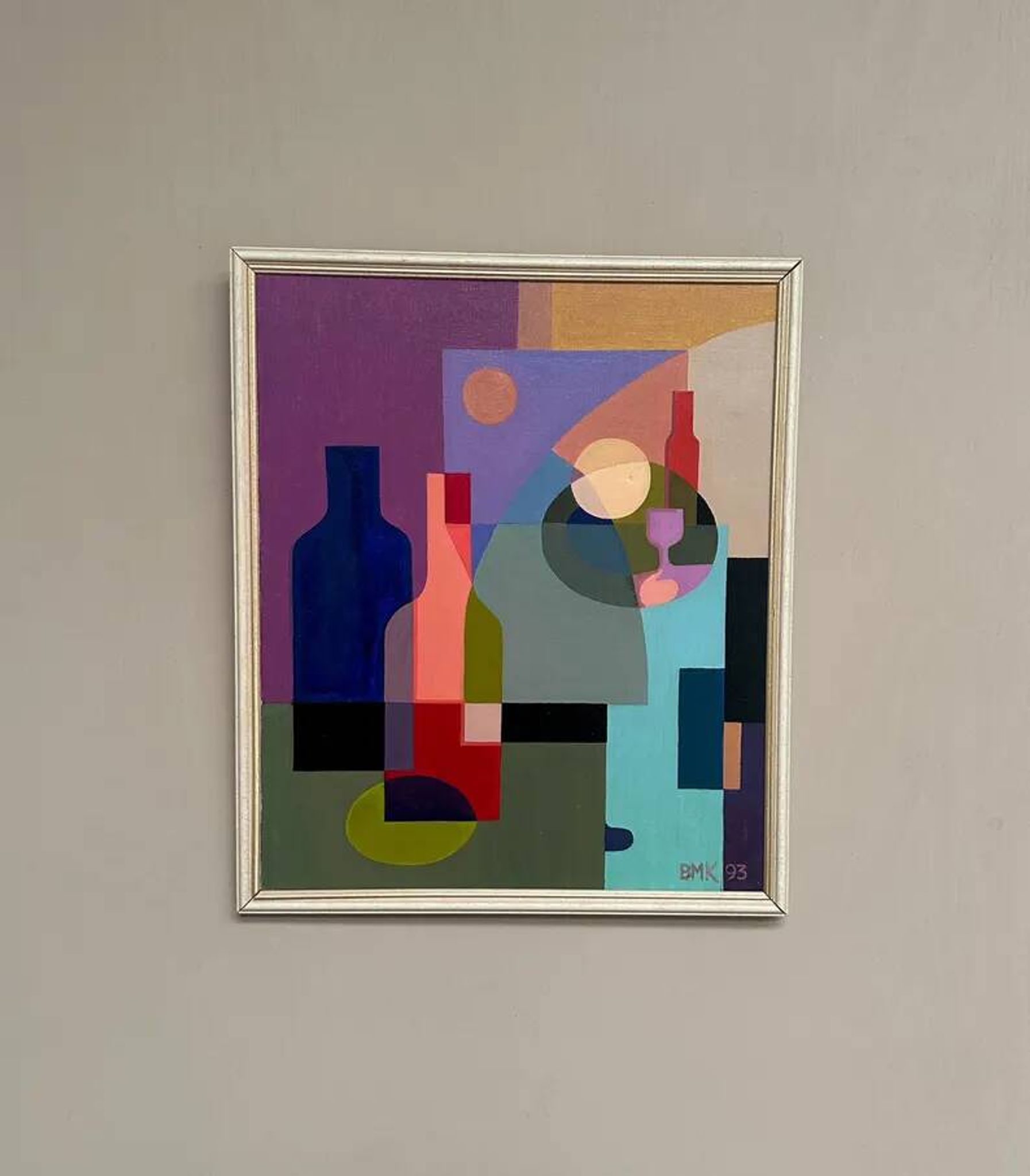 Original Swedish Oil on Canvas – "Abstract Still Life" by BMK (1993) – Signed – Vintage and Framed – 60 × 51 cm