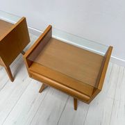 1960s vintage pair of mid-century walnut nightstands with glass shelves
