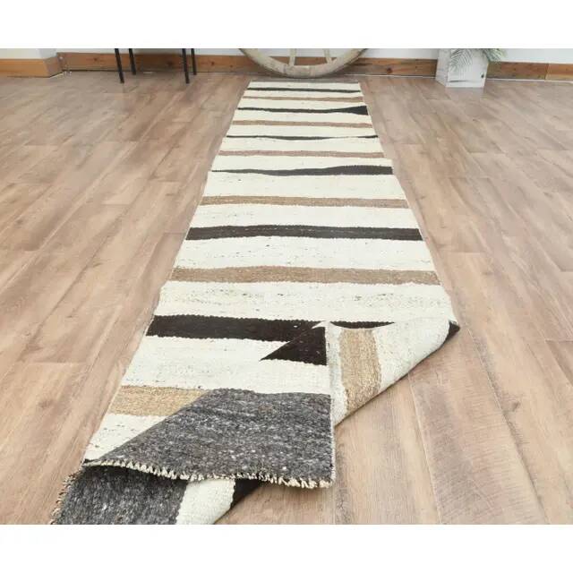 1970s Vintage Turkish Handmade Wool Cotton Beige Kilim Rug 73x345