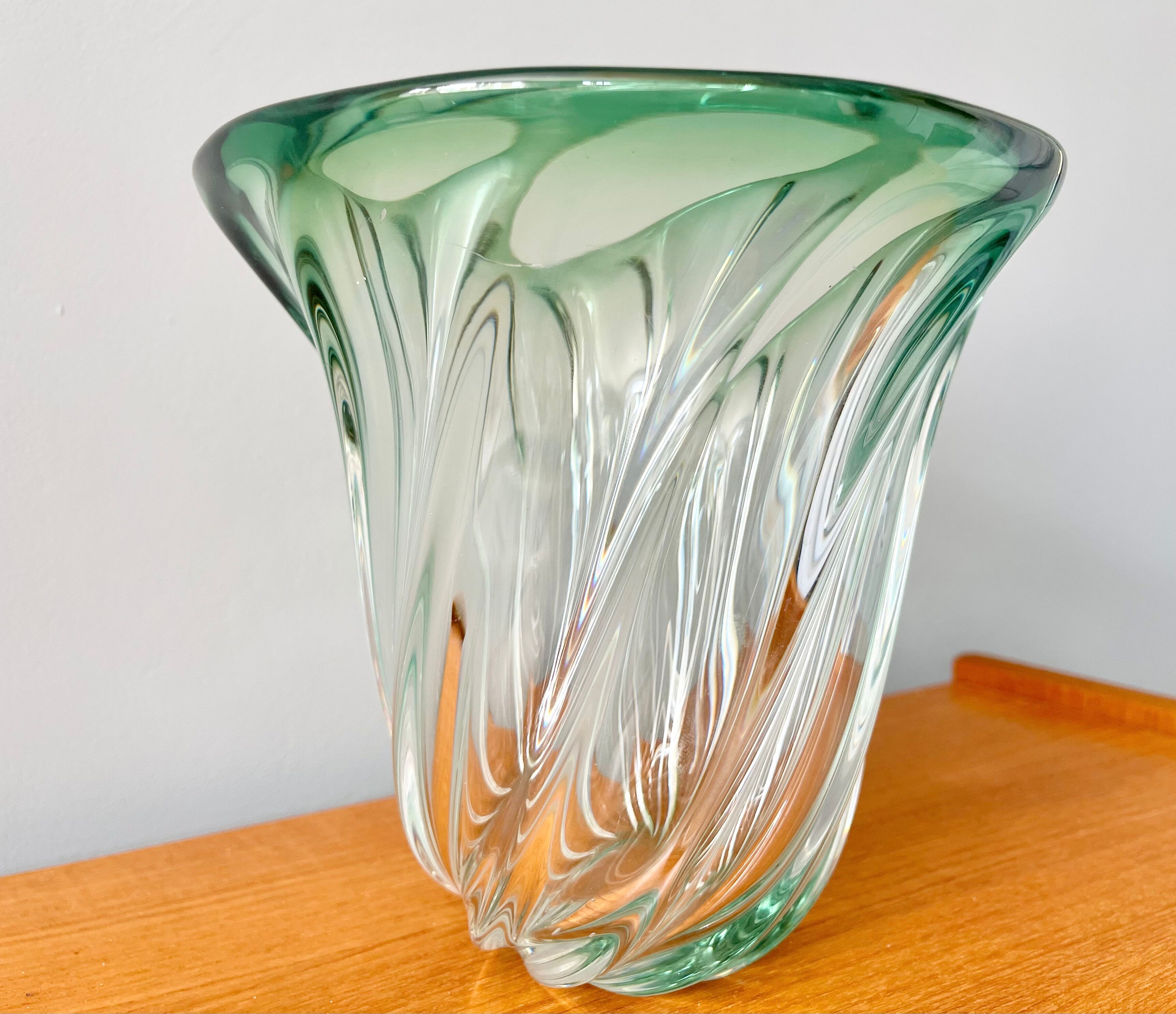 Val St Lambert Green Glass Vase from Belgium