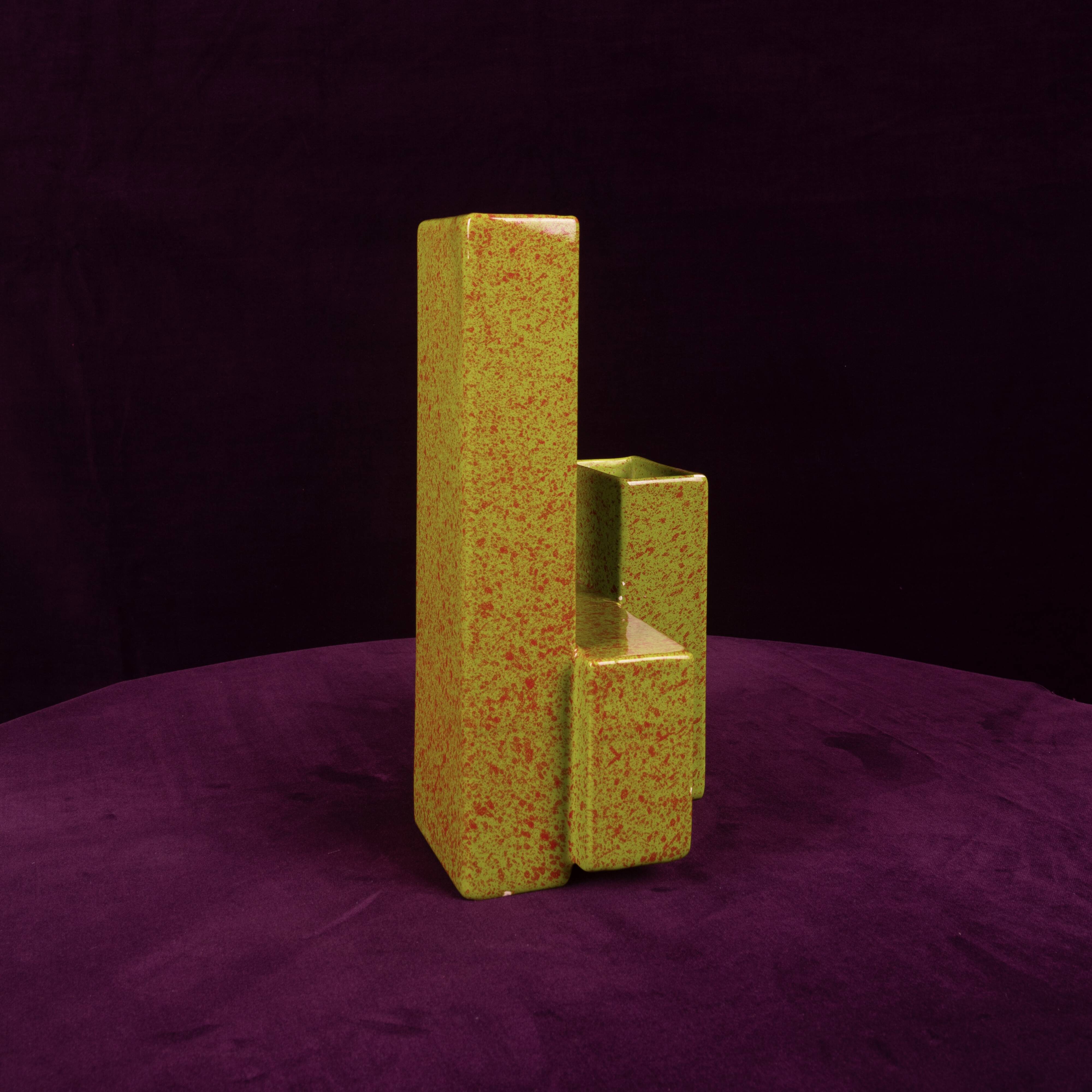 Geometric Twin-Column Ceramic Vase Space Age, Italy 1970