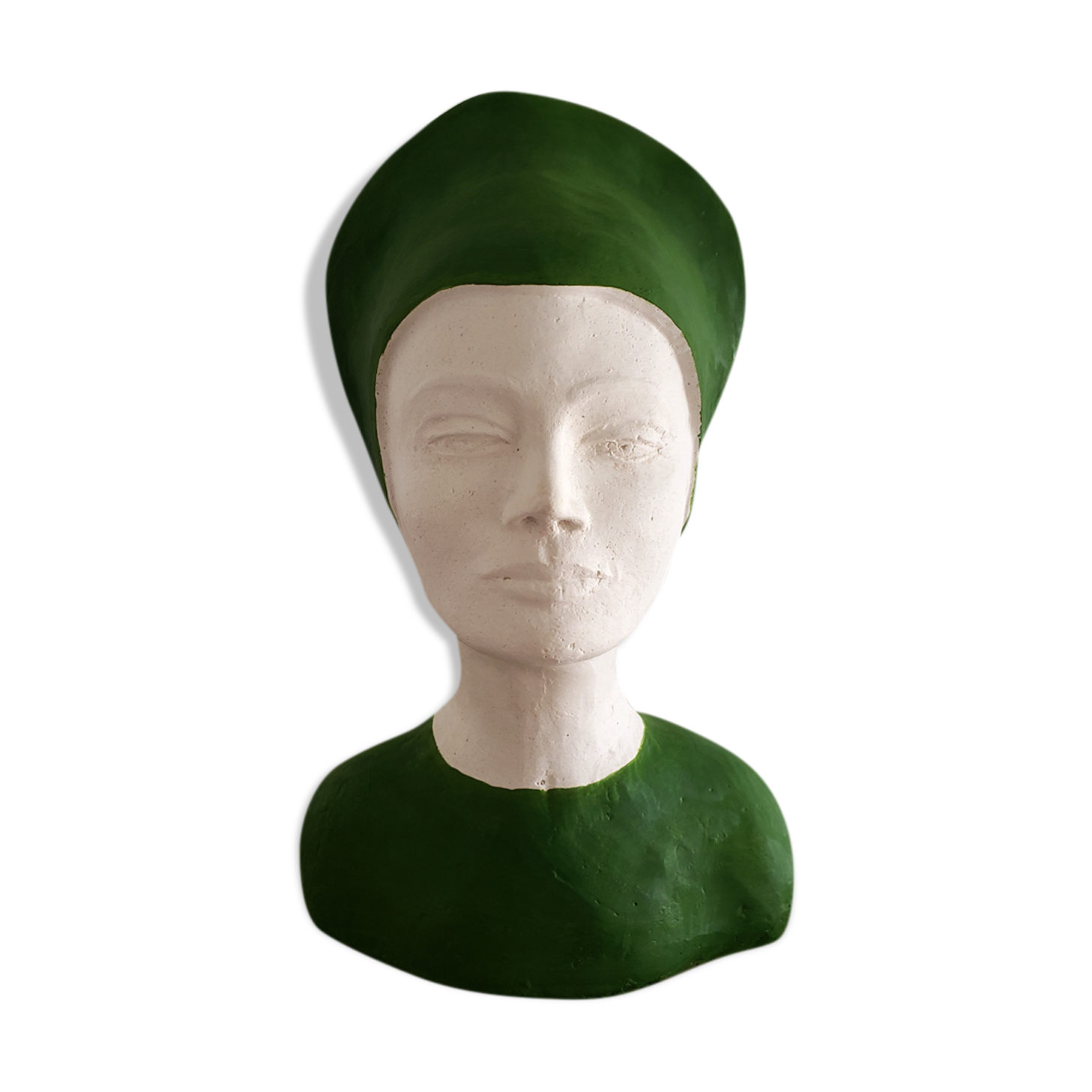 Bust of a woman in green and white plaster