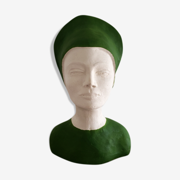 Buste de femme en plâtre vert et blanc