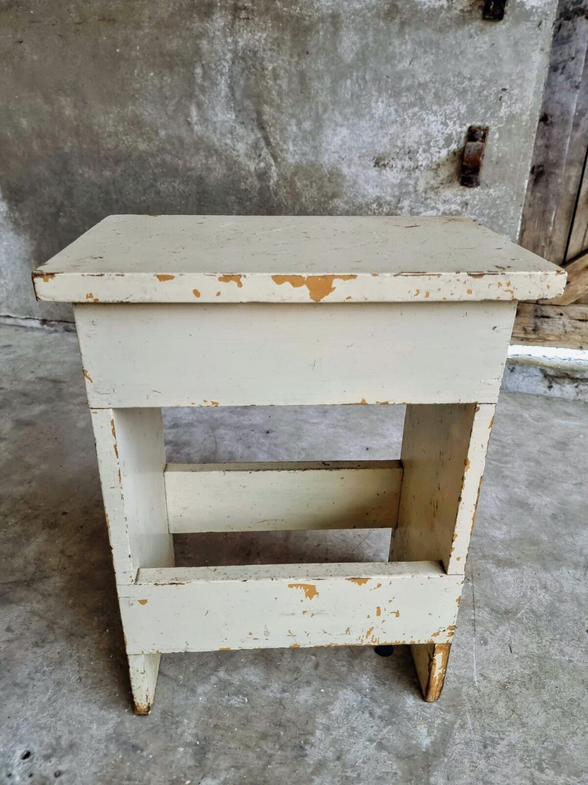 Vintage wooden stool side table creamy white