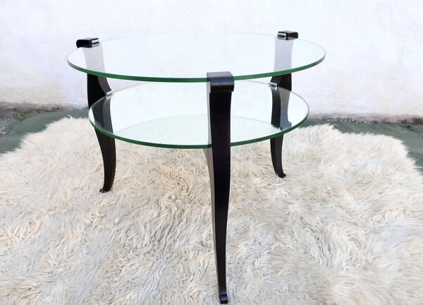 Guéridon bas Art Déco 1930/1940 en bois noir, verre et miroir
