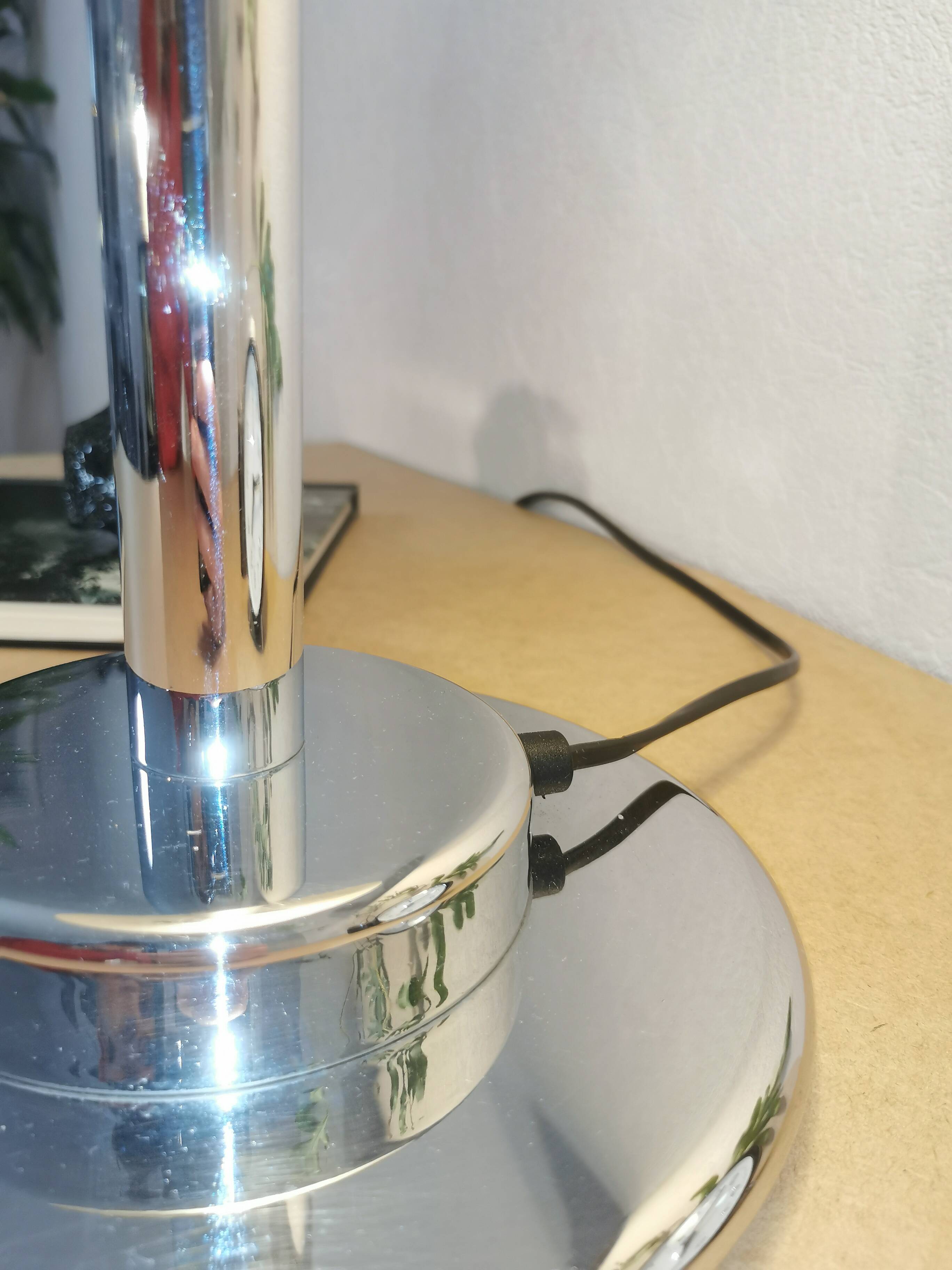 Mushroom lamp, chrome metal saucer, Aluminor, France, 1970