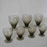 Set of 7 large art deco design wine glasses in smoked glass from the 30s and 40s