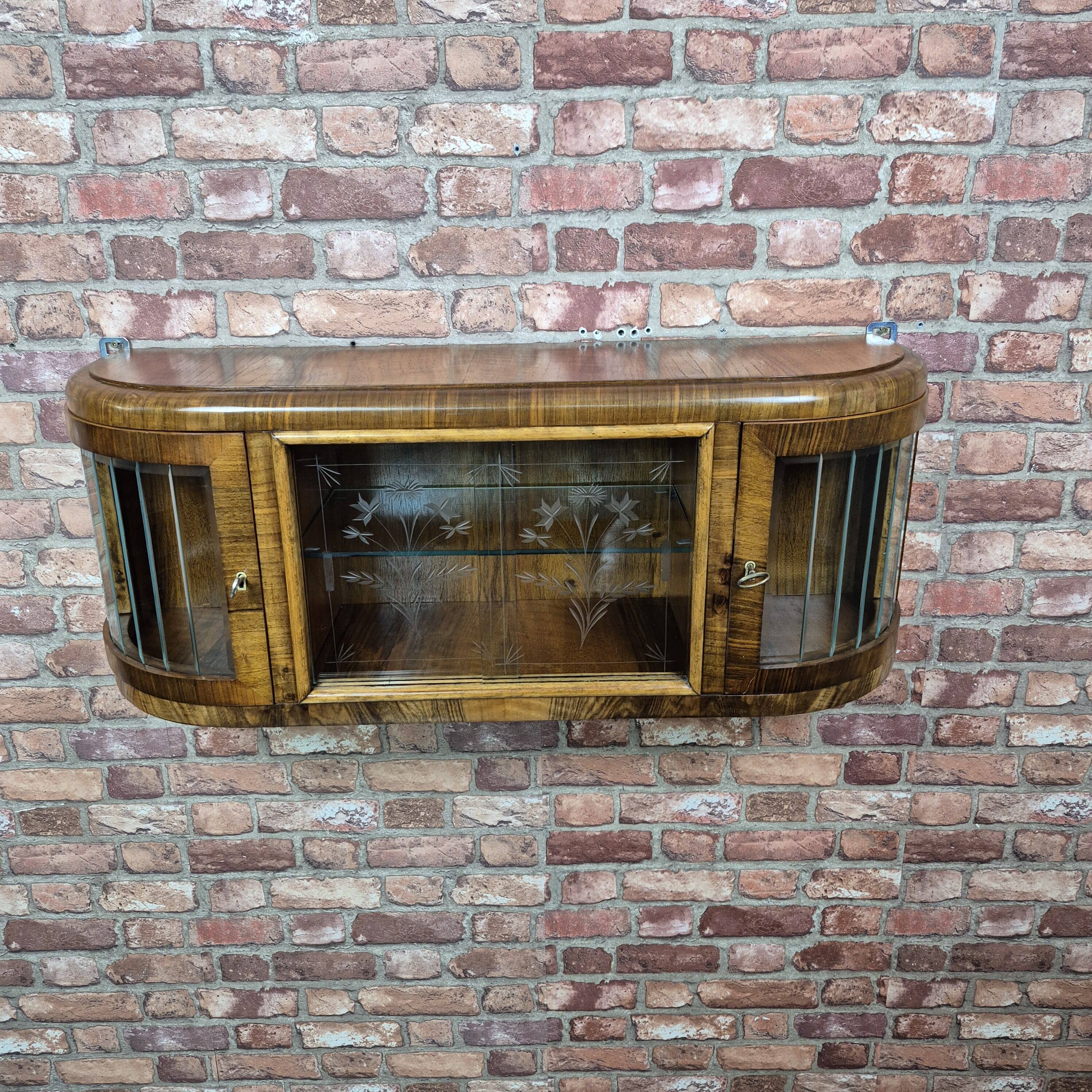 Upcycled Art Deco Walnut Wall Cabinet with Engraved and Slatted Glass - 193