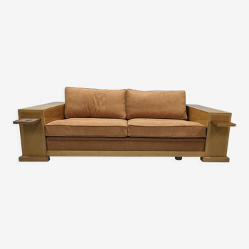 Key Largo Hugues Chevalier sofa Art Deco style in sycamore and suede