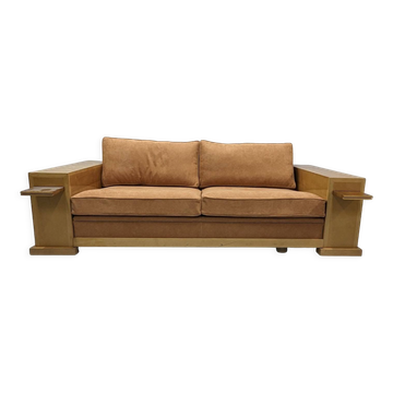 Key Largo Hugues Chevalier sofa Art Deco style in sycamore and suede