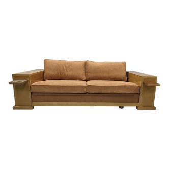 Key Largo Hugues Chevalier sofa Art Deco style in sycamore and suede