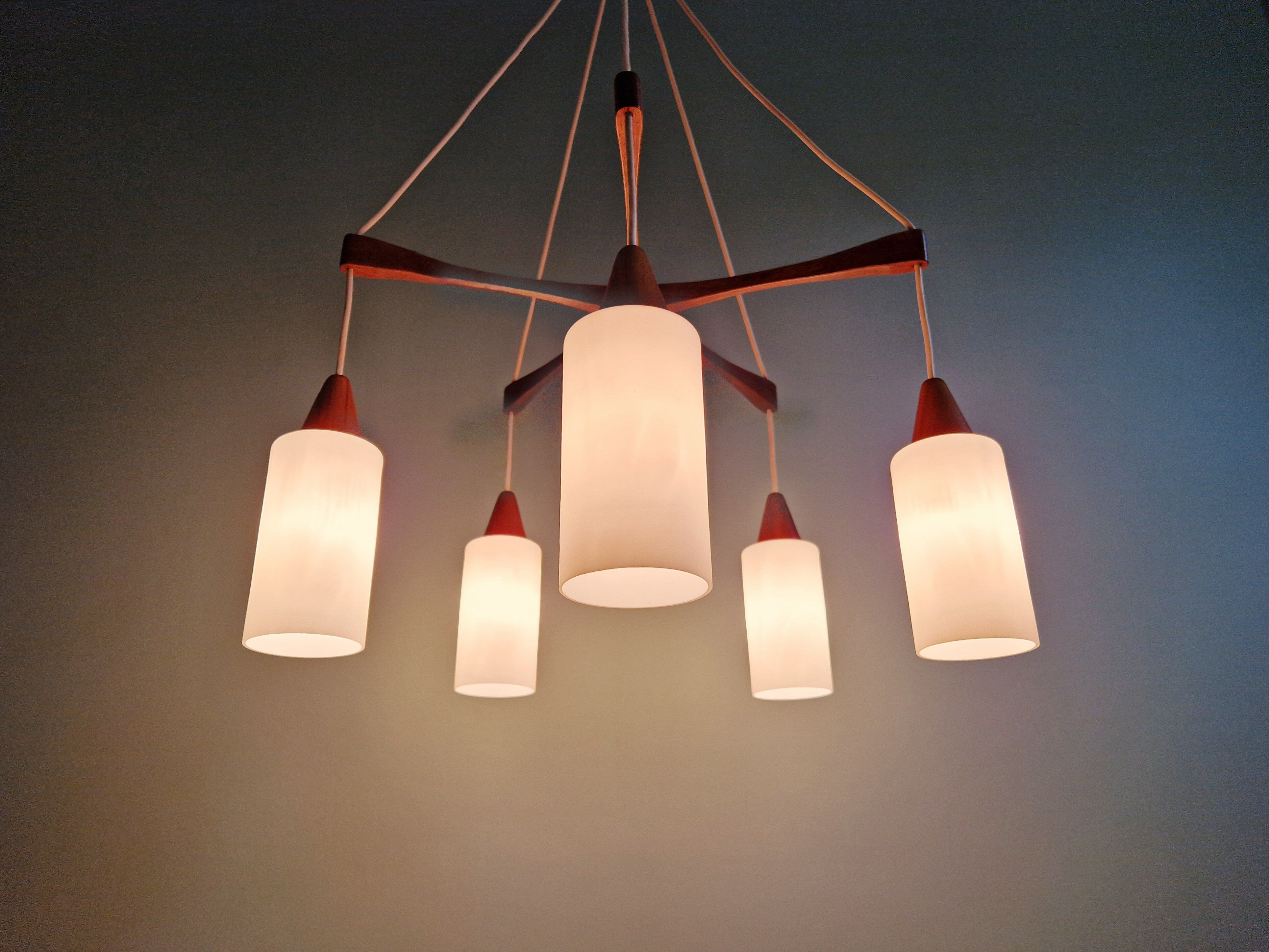 Large Scandinavian chandelier in teak and tubular white opaline, 1960.
