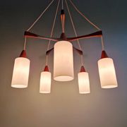 Large Scandinavian chandelier in teak and tubular white opaline, 1960.