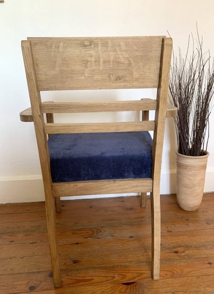 Art Deco armchair in solid wood and blue corduroy fabric