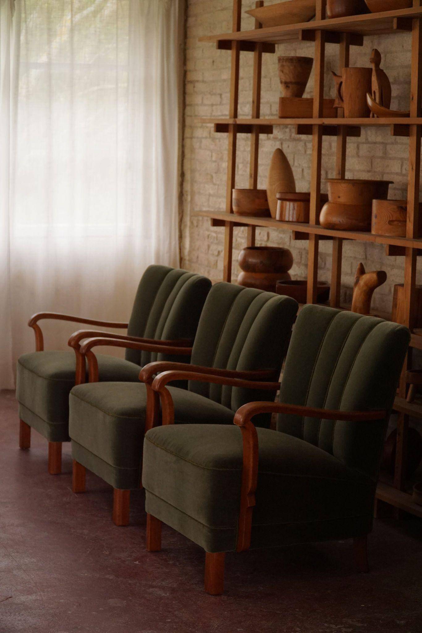 Danish Art Deco, set of 3 oak armchairs, reupholstered in green mohair, 1930s.