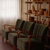 Danish Art Deco, set of 3 oak armchairs, reupholstered in green mohair, 1930s.