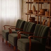 Danish Art Deco, set of 3 oak armchairs, reupholstered in green mohair, 1930s.