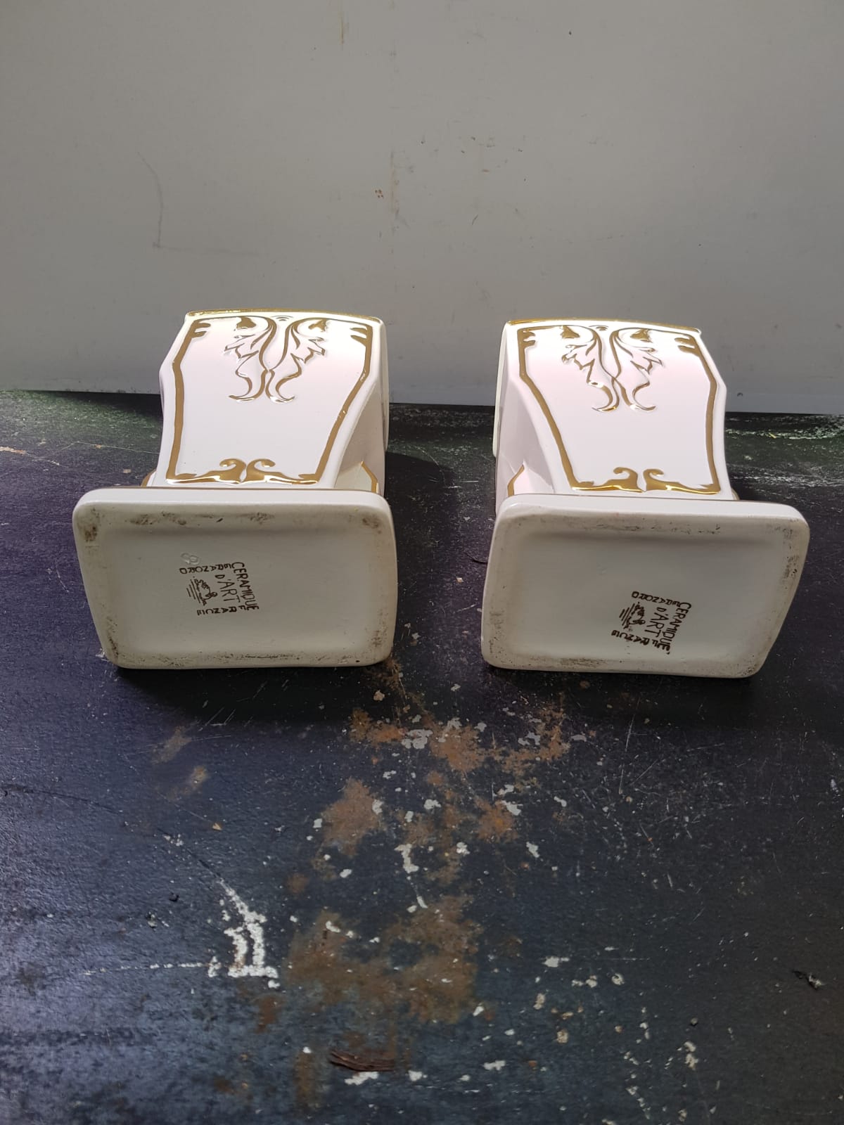 Pair Of Old White Art Ceramic Vase + Golden Decor Made In France Vintage