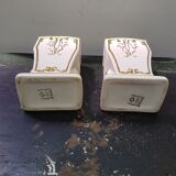 Pair Of Old White Art Ceramic Vase + Golden Decor Made In France Vintage