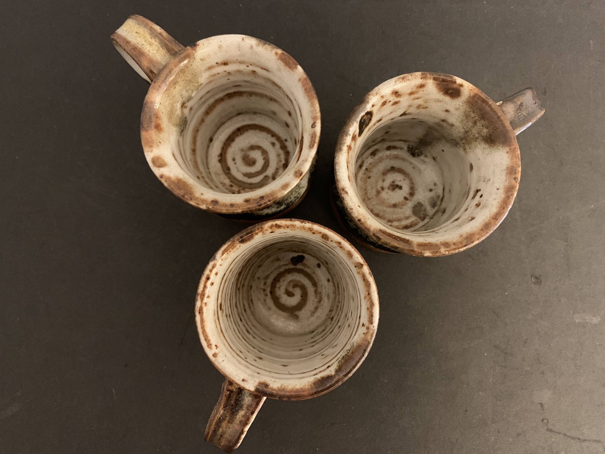 Set of 3 Danish Waldorff cups and 3 saucers in glazed stoneware
