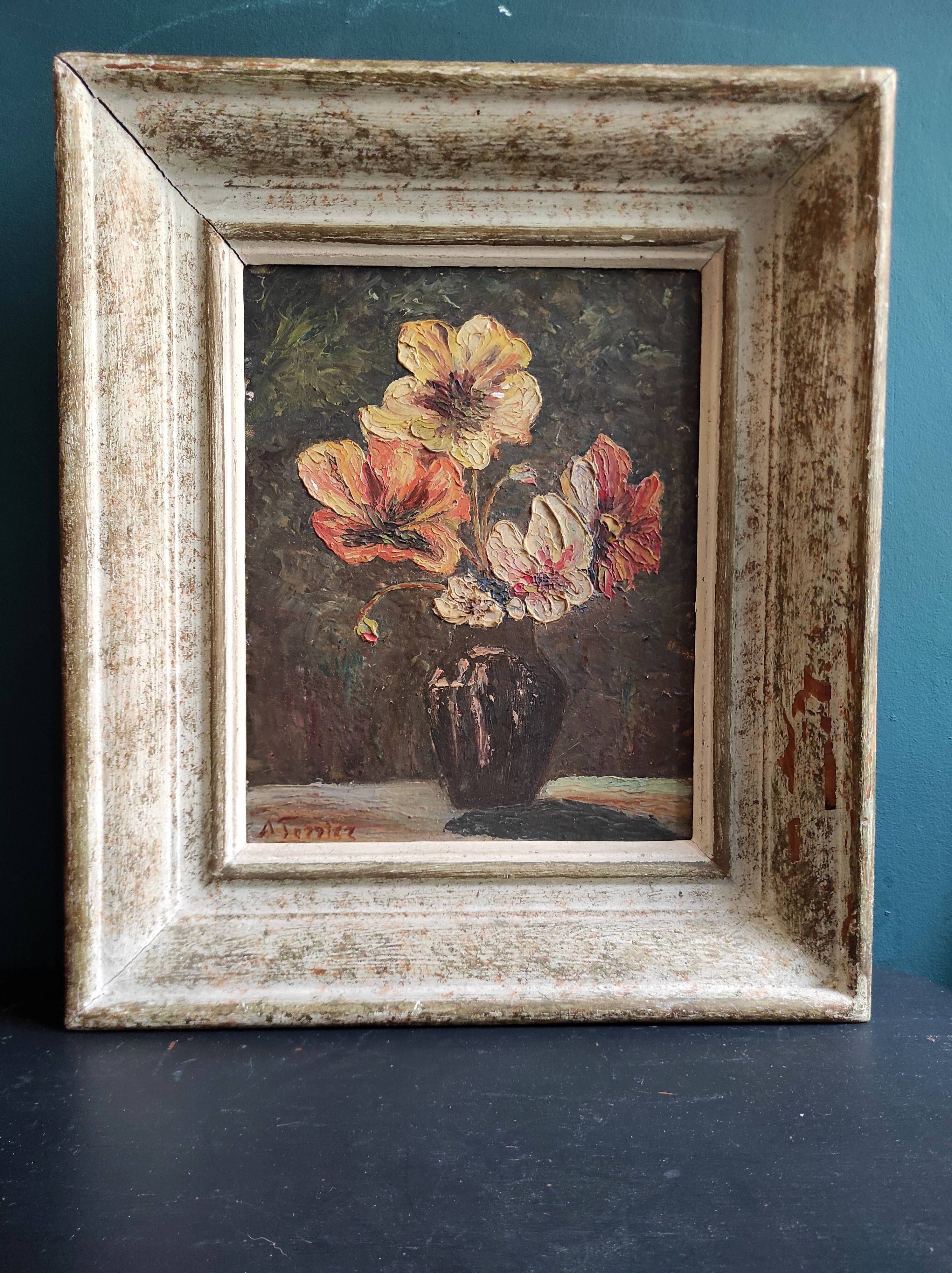 French vintage oil painting of flowers, signed A. Terrier