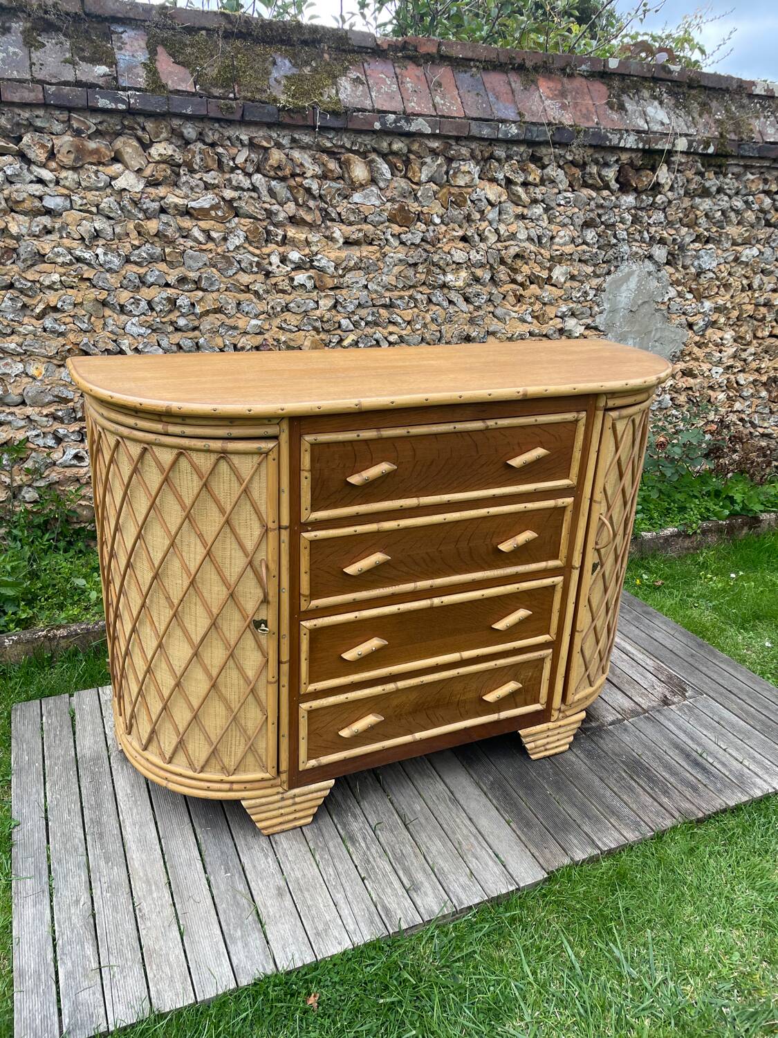Vintage rattan and oak sideboard 1960-70