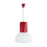 Vintage industrial suspension in red metal and white plastic lampshades. Year 70