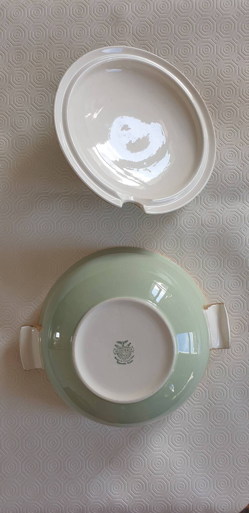 Vintage soup service in celadon green and ivory by villeroy & boch.