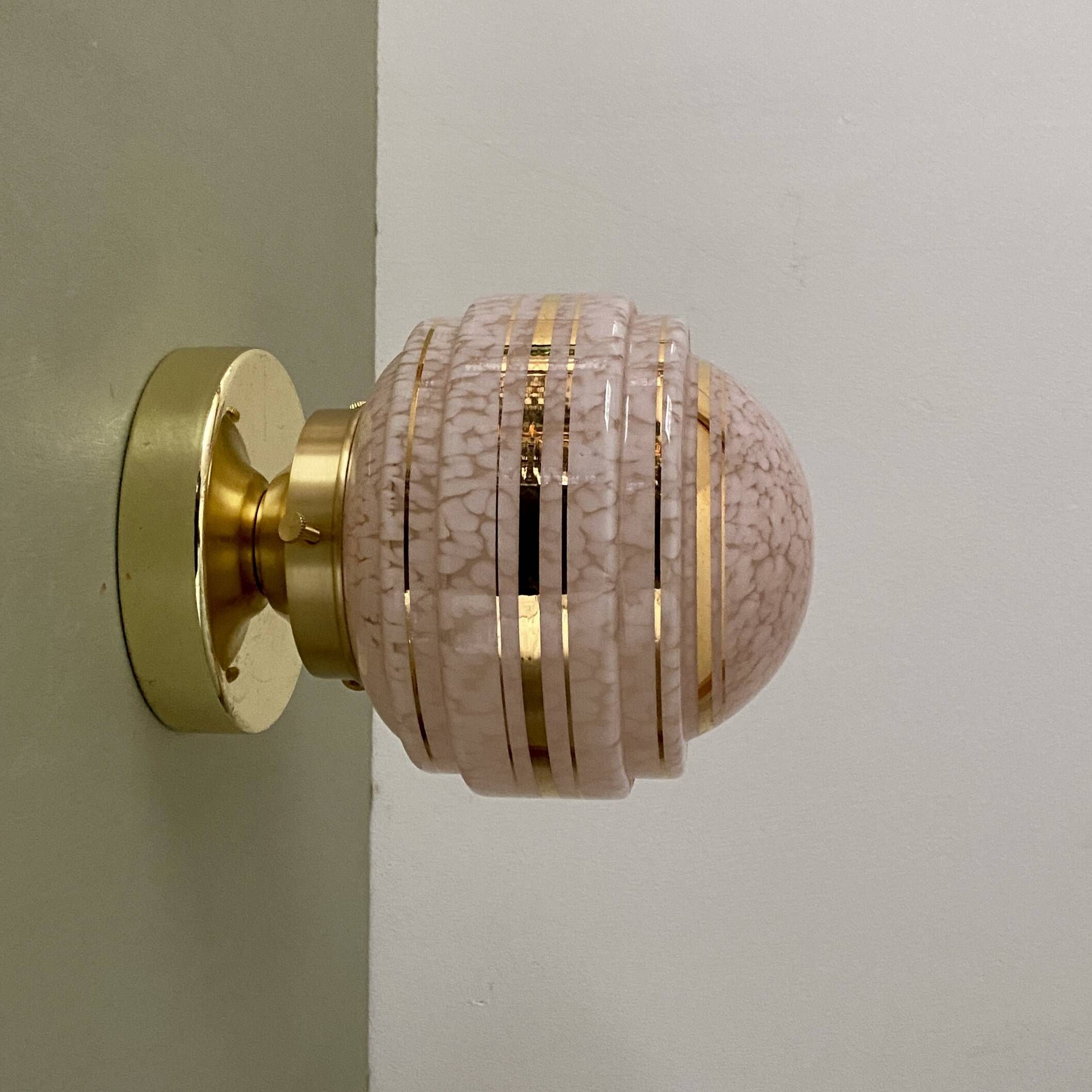 Vintage art deco globe wall or ceiling light in pink and gold Clichy glass