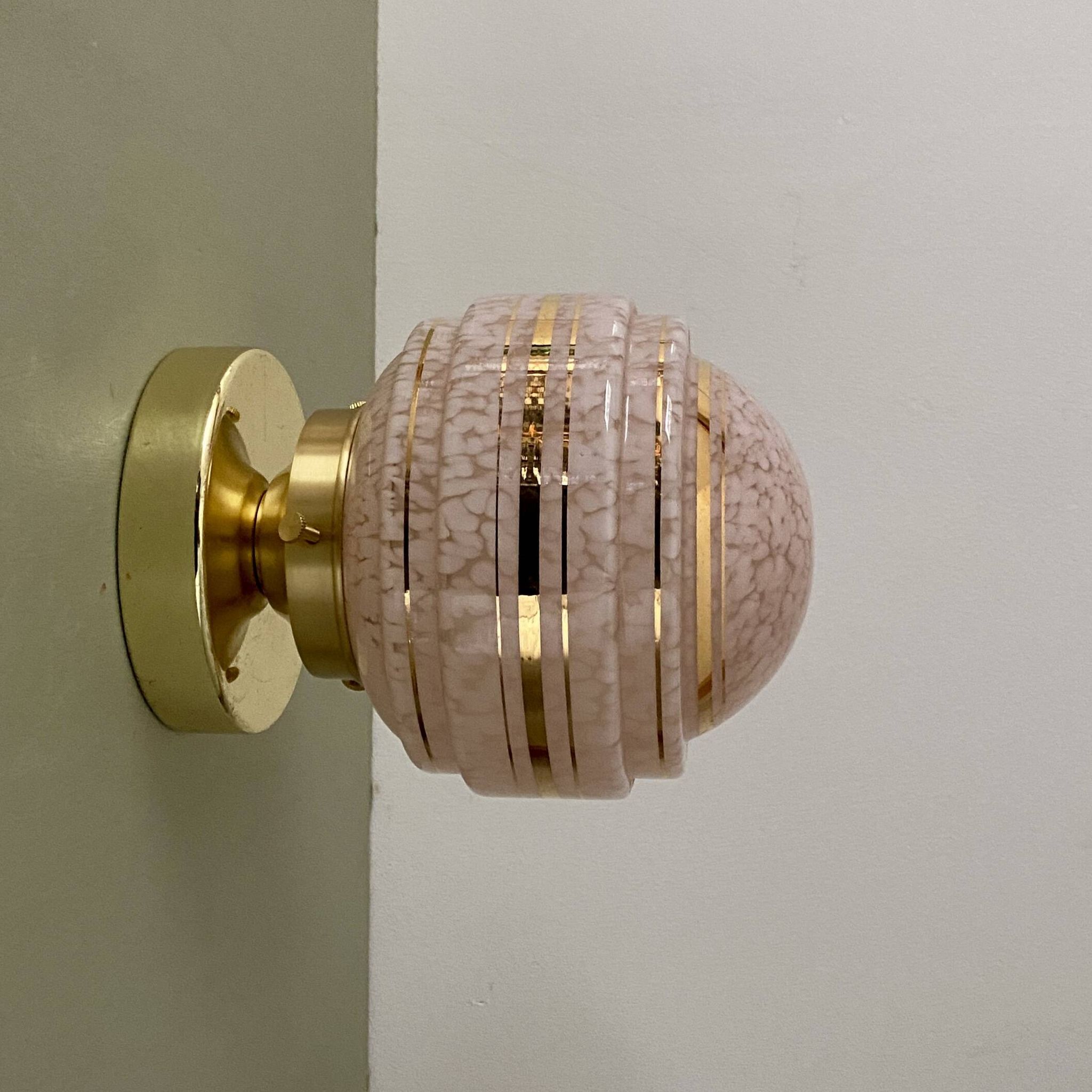 Vintage art deco globe wall or ceiling light in pink and gold Clichy glass