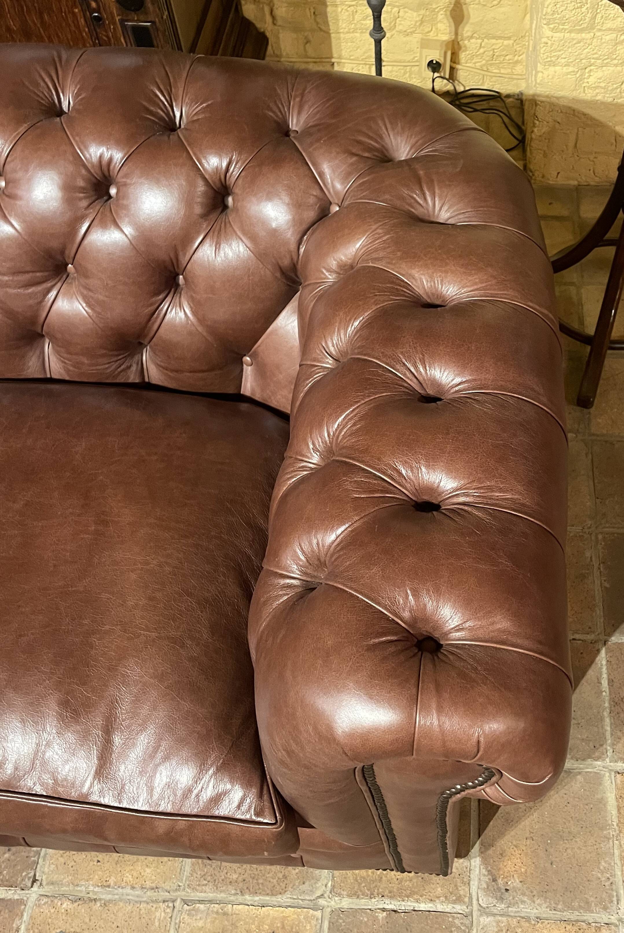 brown leather 3-seater Chesterfield sofa