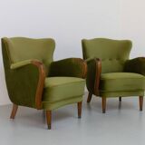 Danish art deco green velvet lounge chairs, 1940s. set of 2