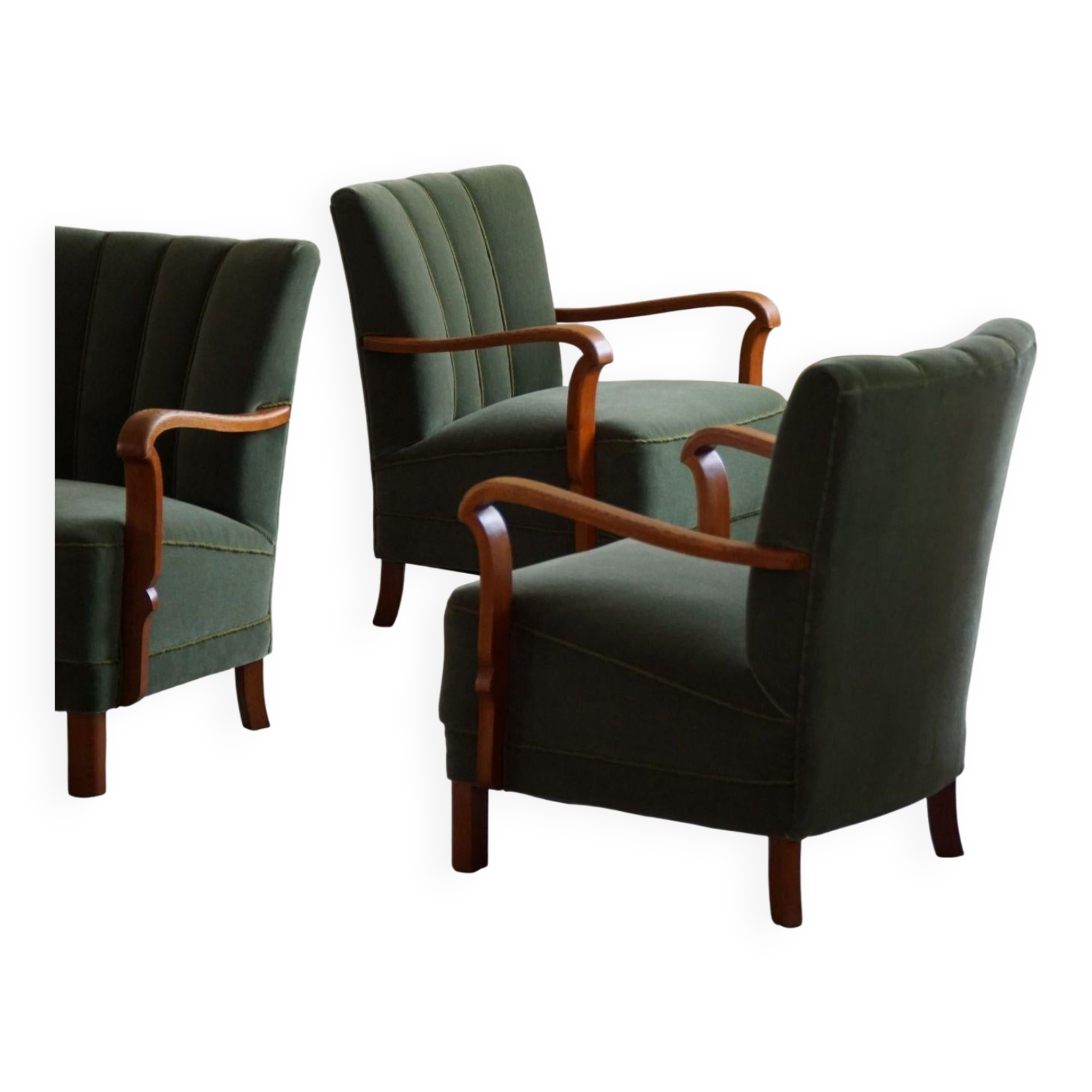 Danish Art Deco, set of 3 oak armchairs, reupholstered in green mohair, 1930s.