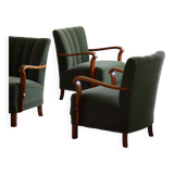 Danish Art Deco, set of 3 oak armchairs, reupholstered in green mohair, 1930s.
