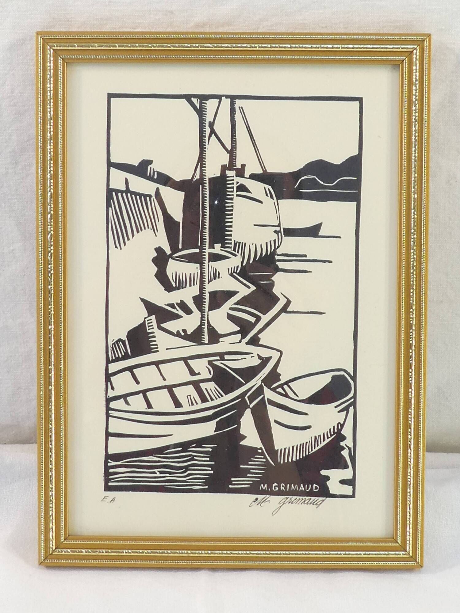 Lithograph print artist's proof signed Mr.Grimaud boat at dock