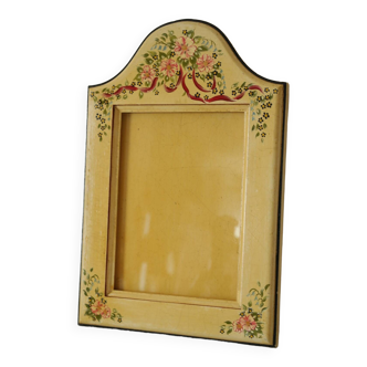 Wood and glass wall frame with vintage hand painted floral decor