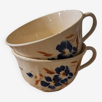 Grandes tasses Badonviller décor floral orange et bleu