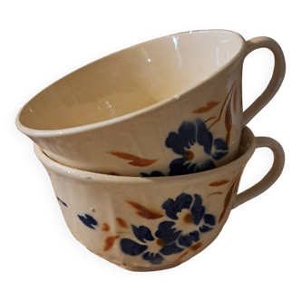 Grandes tasses Badonviller décor floral orange et bleu