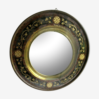 Round mirror Napoleon III glass and brass, ivy decoration fixed under glass 30cm