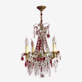 French Antique Bronze 4 Light Chandelier Adorned With Crystal Droplets and Swags.