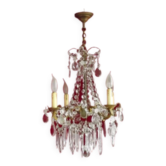 French Antique Bronze 4 Light Chandelier Adorned With Crystal Droplets and Swags.