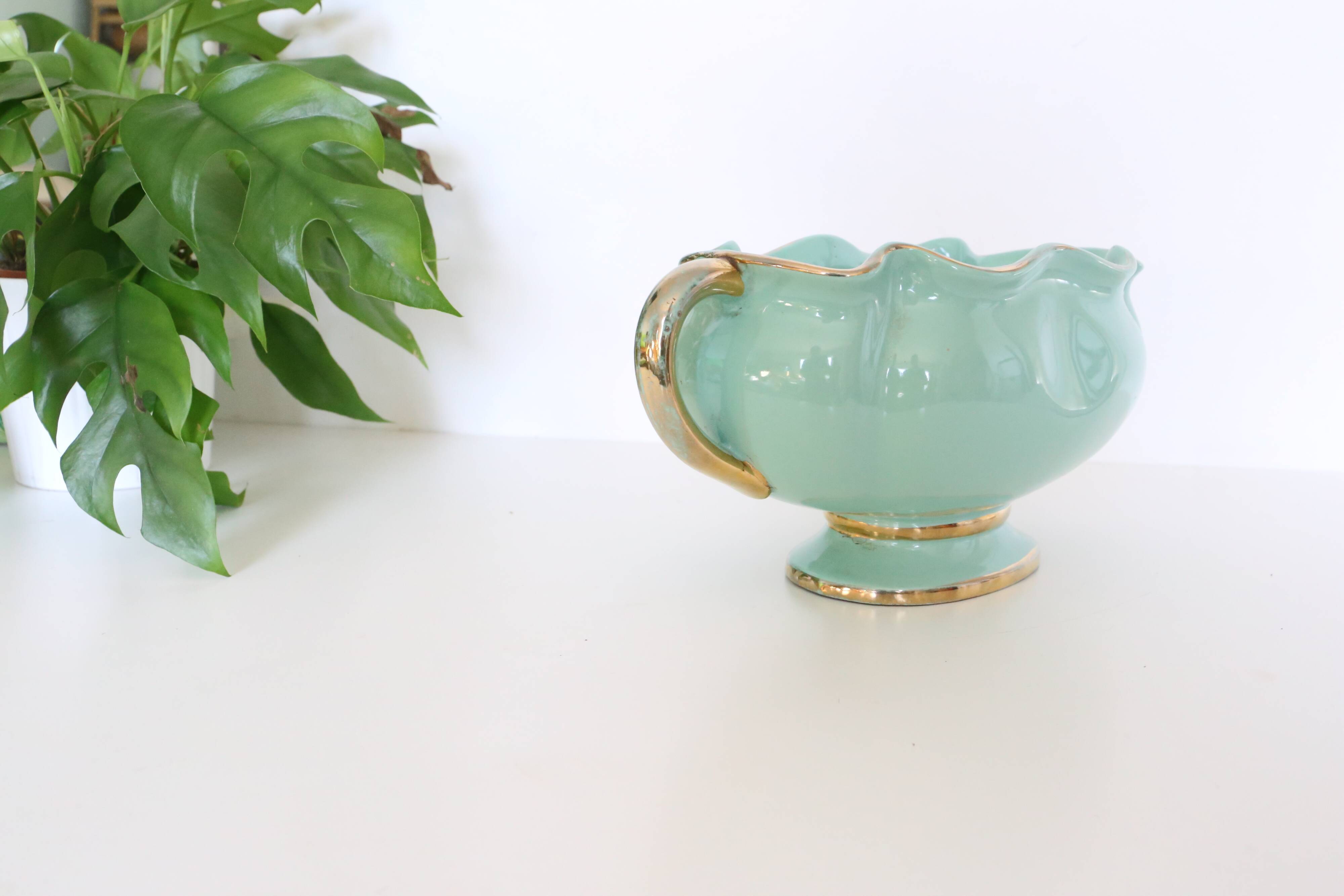 Ceramic planter, mint green, France / Vintage French