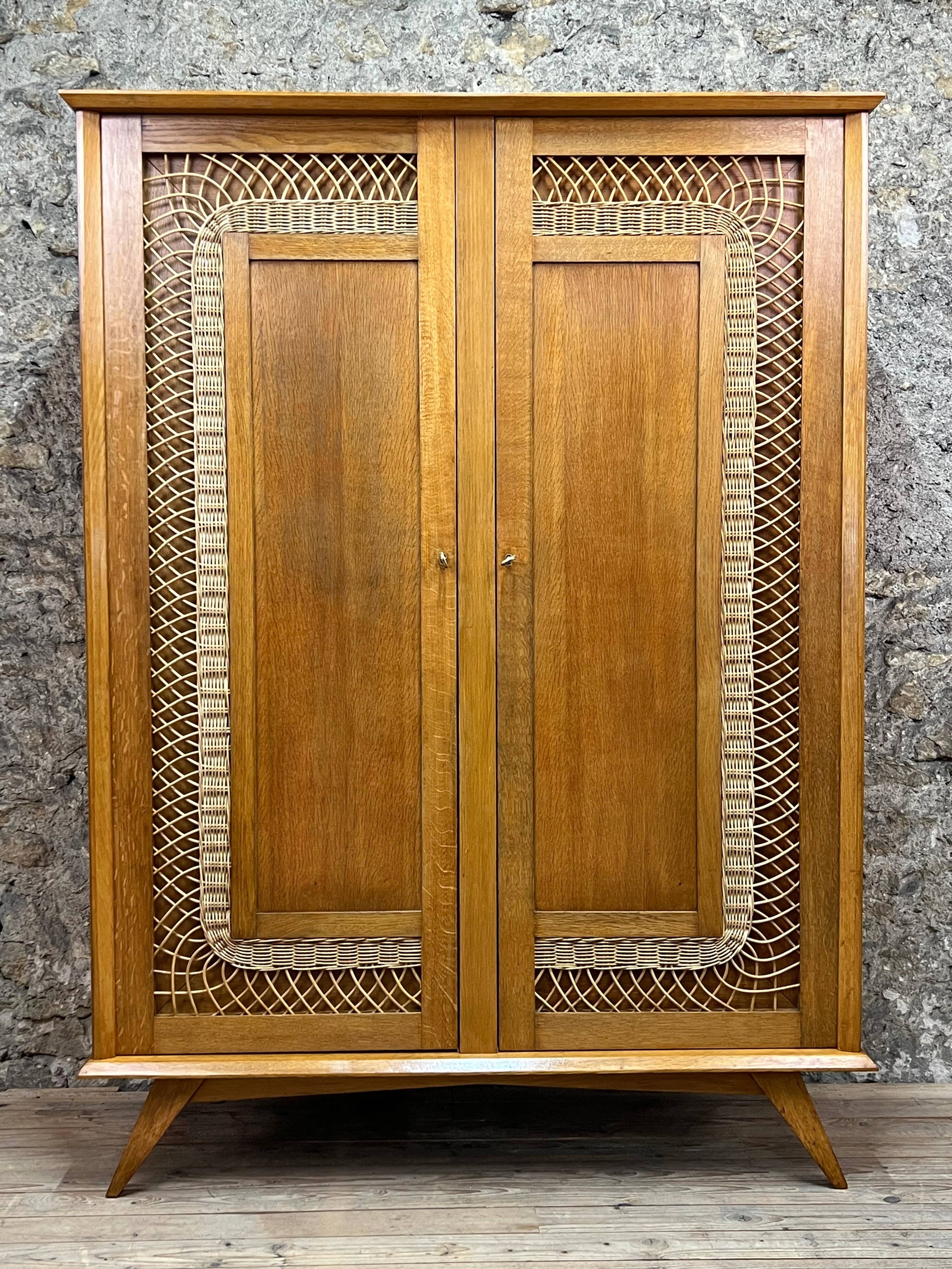 2 Door Wardrobe - Oak and Rattan - Compass Feet - Vintage 50/60's