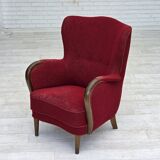 Fauteuil danois des années 1960, état d'origine, tissu en laine, pieds en bois de hêtre.