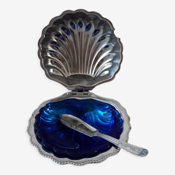 Beurrier / vide-poche en métal argenté et verre bleu avec couteau années 60