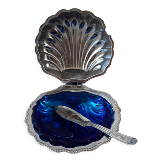 Butter dish / pocket tray in silver metal and blue glass with knife 60s