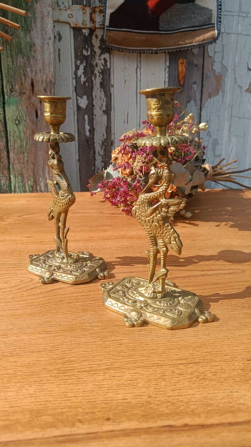 Bronze candlesticks, heron, Orientalist Art Deco