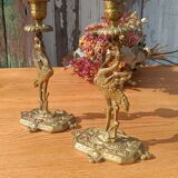 Bronze candlesticks, heron, Orientalist Art Deco