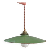 Old pendant light in green enameled sheet metal